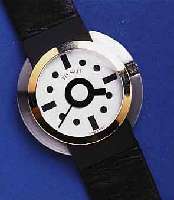 TISSOTTISSOT HERRENARMBANDUHR DESIGN ETTORE SOTTSASS , SCHWEIZ UM 1988, SERIE S180/280, EDELST. SAT., LÜNETTE IN GG, LEDERB. M. STIFTSCHL., ...