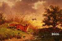 UNBEK. KüNSTLER D. 19. JH., WOHL MüNCHENER SCHULE, FEINE MALEREI, FUCHS SCHEUCHT WILDENTEN AM WEIHER AUF, ÖL/MAL- KARTON, ...