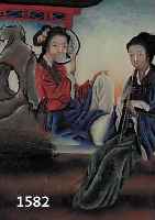 HINHINTERGLASMALEREI, CHINA, UM 1900, ZWEI JUNGE FRAUEN VOR PAGODE, LI. U. LEICHT BESCH., CA. 48,5 X 33 CM, R.