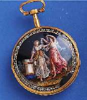 SPINDELHSPINDELHERRENTASCHENUHR, FRANKREICH/ENGLAND UM 1830, 2. MESSINGEH. M. EMAILMALEREI, AM RAND BESCH./RISSIG, GEW. EMAILBL. FEIN HAARR., ...