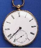 HERRENHERRENTASCHENUHR OFFEN, SCHWEIZ UM 1850, GG 750/000, BER./DELLIG, MESSINGCUV., GEW. EMAILBL. RISS., VERG. BRÜCKENANKERW., 13 ST., ...