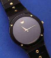 MOVADO HERRENARMBANDUHR MUSEUMS WATCH, SCHWEIZ UM 1988, METALLGEH. U. BAND SCHWARZ MATT., MINERALFLACHGL., HIGH-TECH-QUARTZW., FLACHE ...