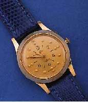AS BLINDENUHR, SCHWEIZ/USA UM 1962, GG 585/ 000, BODEN GEDR., LÜNETTE M. SPRUNGDECKELEFF., VERST. ZEIGER, STD.-TASTSYMB., SIGN. A.F.B. (AMERICAN ...