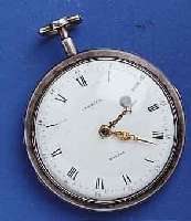 CABRIECABRIER SPINDELHERRENTASCHENUHR, LONDON UM 1820, SILBER, GEW. EMAILBL. L. BESCH., ZEIGER TEILW. ERS., VERG. PLATINENW., ANTRIEB ÜBER KETTE ...