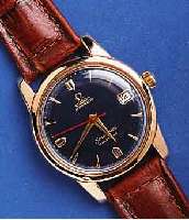 OMEGA HOMEGA HERRENARMBANDUHR AUTOMATIK SEAMASTER/ CALENDAR, SCHWEIZ UM 1958, METALL NACHTR. ROTVERG., BLATT REST., EDELST.-BODEN GEDR., WERK ...