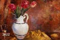 MOGENS VANTORE, 1913-1963, ÖL/HOLZ, STILLLEBEN MIT TULPEN IN VASE, SEKTGLAS U. ZITRONE, UNSIGNIERT, 54X70 CM, GOLD GEFAßTER RAHMEN