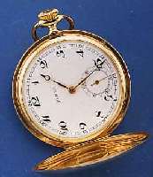 HUBER HERRENTASCHENUHR SAVONETTE SERIE LEVRET- TE/VICTOIRE, SCHWEIZ FÜR DEN DTSCH. MARKT UM 1925, GG 585/000, EMAILBL. SIGN., METALL- CUV. M. ...