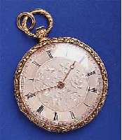 OFFENE TOFFENE TASCHENUHR, SCHWEIZ UM 1850, GG 750/ 000, RÄNDER WIE PENDANT U. BÜGEL RELIEFIERT, GOLDCUV. M. QUALIFIKATIONSGRAV., SILBERZIFFER- ...