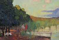 MÄNDOGER???, ÖL/LWD., IMPRESSIONIST. DARST. ZWEIER DAMEN IN BEWALDERTER UFERLANDSCHAFT, U. LI. SIGN., PASTOSER FARBAUFTRAG, CA. 46 X 55 CM, AUF ...