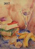 KRINNKRINNER, MICHAELA, GEB. 1915 WALDMÜNCHEN, MEISTERSCHÜLERIN OSKAR KOKOSCHKAS, HIER: STILLEBEN MIT BÜCHERN UND OBST, AQUARELL, LI. O. SIGN. ...