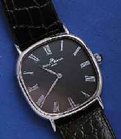 BAUME &BAUME & MERCIER HERRENARMBANDUHR, EDELSTAHL- GEH., BODEN GEDR., SAPHIRSCHMUCKKRONE, KON- TRASTZIFFERBL., SAPHIRFLACHGL., ORIG.-LEDERBD. , ...