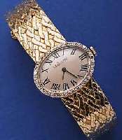 LE COULLE COULTRE DAMENGOLDBANDUHR, GG 585/000- GEH. INCL. GG-FLECHTBAND, LÜNETTE M. 40 8/8 DIAMANTEN ZUS. CA. 0.18 CT, 17 ST., ANKERFORM- WERK, ...