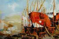 HUCHET, URBAIN, GEB. 1930, FISCHTRAWLER IM TROCKENDOCK, ÖL/LWD, LI. U. SIGN., CA. 53 X 81 CM, R.