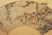 TUSCHZEICHNUNG, CHINA UM 1900, FÄCHERBILD, TUSCHE AQUARELLIERT UND GOLDGE- HÖHT, CA. 18 X 50 CM, UNTER GLAS, RAHMEN HERR UND SEIN DIENER UNTER ...