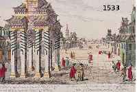 KOLORIERTER KUPFERSTICH, UM 1720-30, DIE HAUPTSTRAßE NEBST EINEM CHINESISCHEN TRIUMPHBOGEN IN KANTON, CA. 30 X 39 CM, GEBRÄUNT, RÄNDER ...
