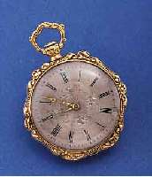 DAMENTASCHENUHR/ANHÄNGEUHR, FRANKREICH UM 1850, GG 750/000, RAND WIE PENDANT UND BÜGEL, REL., SILBERZIFFERBL., IM ZENTR. SCHMUCKGRAV., ZEIGER ...