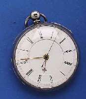 HERRENTASCHENUHR OFFEN, SILBER, ENGLAND HALLMARK CHESTER 1873, 2-TEIL. EMAILBL. FEIN HAARR., EHEM. UNR.-STOPP-VORRICHTUNG DURCH SCHIEBER AUßEN 2 ...