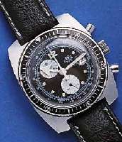 R.E. ARR.E. ARMBANDCHRONOGRAPH, SCHWEIZ UM 1968, MASSIV METALL HARTVERG., EDELST.-BODEN GESCHR. LEDERB. NEU, UNGETR. LAGERW., KONTRASTZIFFER- BL. ...