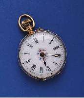 MINIATMINIATURDAMENTASCHEN/ANHÄNGEUHR, SCHWEIZ/ DEUTSCHLAND UM 1900, ROSE-G. 585/000, PERF. EMAILBL. IM ZENTRUM BUNT BEMALT, GOLDPIQUET- ARB., ...
