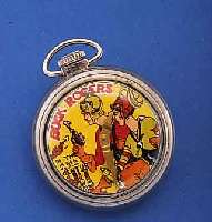 BUCKBUCK ROGERS COMIC TASCHENUHR, USA 60ER JAHRE NICKEL, STIFTENANKERW. M. KÖRNERUNR., MODELL 90001, D. CA. 50 MM, GEHFÄHIG, INTAKT, KL. SEK. ...