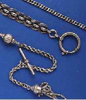 KONVKONVOLUT: 4 TASCHENUHRENKETTEN, GEFERT. IN DER ZEIT VON 1880-1920, 1X SILBER, 3X NICKEL, TEILW. VERS. M. ABHÄNGUNGEN U. KNEBEL, NUTZSP. ...