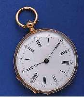 DAMENTASCHENUHR, SCHWEIZ UM 1875, ROSE-G. 750/000, SCHLÜSSELAUFZUG, EMAILBL., GEBL. BREG.-STAHLZEIGER, ORIG.-ETUI, SCHLÜSSEL ANBEI VERG. ...