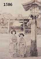 UNBEKANNTER JAPANISCHER KÜNSTLER, UM 1910, ZWEI MÄDCHEN VOR EINEM PARKEINGANG, RADIERUNG, RE. U. IM DRUCK SIGN., CA. 28,5 X 24,5 CM U.GL., R.