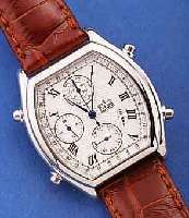 DUGENA ARMBANDCHRONOGRAPH ESTORIL, EDELST. POL., TONNENFORM, MINERALFLACHGL., MULTIFUNKT. , HIGH-TECH-QUARTZ-TECH.M.ANALOGANZ., ORIG. LEDERBD., ...