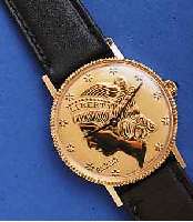 CURTICURTIS ARMBANDUHR IN FORM EINER 20 GOLDDOLLAR- MÜNZE DER USA, METALL VERG., BODEN GEDR., SCHMUCKKRONE, RUNDANKERW., BASISKAL. PESEUX 7056, ...