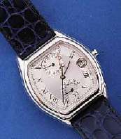 ETA HERRENARMBANDUHR, AUTOMATIK M. 24 STD.- ANZ. U. GANGRES., ZENTRALSEK., DAT., TONNEN- FÖRM. EDELST.-GEH. POL., BOD. AUFGEDR., SA- ...