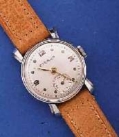 ETERNA DAMENARMBANDUHR, UNGETRAGEN, LAGER- WARE, UM 1940, EDELST., BOD. U. GLASRAND AUF- GEDR., GESPREIZTE U. GESTUFTE WANDANSTÖßE, 2- FARBIG ...