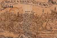 HOLZSTICH AUS SEBASTIAN MÜNSTER, UM 1550, ANSICHT DER STADT MEISSEN MIT DER BURG, LEICHT GEBRÄUNT, OBEN UND UNTEN BESCHNITTEN, CA. 21 X 41 CM