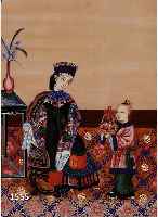CHINESISCHER KÜNSTLER, UM 1900, HÖFISCHE SZENE, TEMPERA/REISPAPIER (MIN. BESCH.), CA. 32 X 20,5 CM, UNTER GLAS GER.