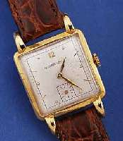 UNIVERSAL GENEVE HERRENARMBANDUHR, SCHWEIZ UM 1950, GG 750/000, CARREE-ARONDE-GEH., BODEN GEDR., BET. BANDANST., KONKAVGL., VERS. ORIG.-BLATT ...