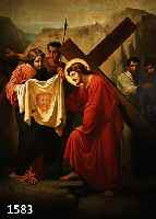 UNBEK. KÜNSTLER DES 19. JH., DIE HEILIGE VERONIKA REICHT CHRISTUS DAS SCHWEISSTUCH KREUZWEGSTATION, QUALITÄTVOLLE, VIELFIGURIGE MALEREI, ...