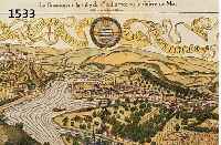 KONVOLUT VON 7 BLATT KOBLENZ U.UMGEBUNG, 1) KOLOR. HOLZSCHNITT,AUS FRANZ. AUSGABE DES SEB. MÜNSTER, CA. 1590, GA KOBLENZ, M.GROßEM SCHRIFTBAND ...