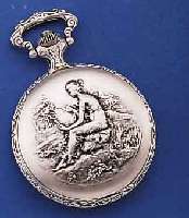 HERRENTASCHENUHR EROTIKA, METALL, RELIEF., REPLIKA, UM 1870, FERTIGUNG 2000, BEMALTES ZIFFERNBL. M. EINDEUTIG EROTISCHER SZENE, RUNDANKERWERK, 17 ...