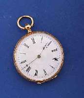 DAMENTASCHENUHR, SCHWEIZ UM 1880, 14 CT. GG, RUNDUMGRAV., RÜCKSEITIG MONOGR., FREI, TEILW. EMAIL. UMRANDET, BLÜTENDEKOR, EMAILBL. TEILW. VERG. U. ...