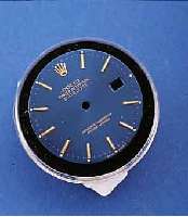 ZIFFERBLATT FÜR ROLEX OYSTER PERPETUAL DATE JUST, LT. GEBR., NACHTBLAU, AUFGES. GOLD- STUNDENZEICHEN, D. CA. 28 MM, ZIFFERBL.FÜßE ZWISCHEN 3 U. ...