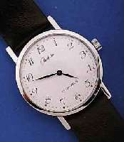 GLASHÜTTE HERRENARMBANDUHR, DEUTSCHLAND UM 1984, METALL HART VERCHR., EDELST.BOD. GEDR., EMAILFARB. KONTRASTZIFFERBL., LEDERBD., DAMEN- ...