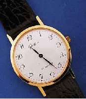 GLASHÜTTE HERRENARMBANDUHR, DEUTSCHLAND UM 1984, METALL HART VERG., EDELST.BOD. GEDR., EMAILFARB. KONTRASTZIFFERBL., LEDERBD., DAMEN- ...