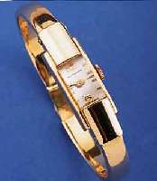 BUCHERER DAMENSPANGENUHR, SCHWEIZ UM 1949, GG 750/000, SICHERHEITSSCHL., BOD. AUFGEDR., BL. VERS., BAGUETTE-ANKERFORMWERK VON FHF, 17 ST., ...
