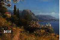 UNBEK. KÜNSTLER 1. HÄLFTE 20. JH., BLÜHENDE ITALIENISCHE KÜSTENLANDSCHAFT BEI LUGANO, ÖL/LWD., UNLESERL. SIGN., VERSO AUFKLEBER EINER ...