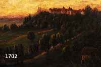 UNBEK. KÜNSTLER D. 19./20. JH., WOHL SÜDDEUTSCH, ABENDLICHER HIMMEL ÜBER SCHLOSS AUF BEWALDETEM HÜGEL, ÖL/MALKARTON, UNLESER- LICH SIGN., 35 ...