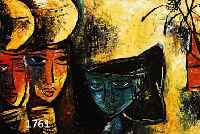 Charles, A., datiert (19)65, Wassertragende Frauen, Acryl auf Hartfaser, mittig unten sign. und dat., ca. 42 x 91 cm, R.