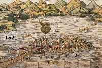 KONVOLUT VON 3 BLATT MIT ANSICHTEN VON LINDAU AM BODENSEE, 1.) KOLOR. HOLZSCHNITT AUS EINER DEUTSCHEN AUSGABE DES SEB. MÜNSTER AUF DER DOPPELTEN ...