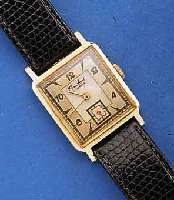 CRAWFORD HERRENARMBANDUHR, SCHWEIZ/USA UM 1952, GG 585/000, CARREE-COUPE-FORM, BODEN GE- DR., 2-FARB. VERS. BLATT, FARBL. GET., 17 ST., ...