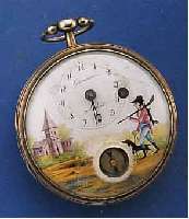 GIRARDIER LAINE SPINDELHERRENTASCHENUHR, SCHWEIZ UM 1835, SILBER, EMAILBL. M. NACH- TR. EINGES. KOMPAß BEMALT, JÄGERDARST. IN LANDSCHAFT M. ...