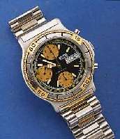 BWC ARMBANDCHRONOGRAPH AUTOMATIK, SCHWEIZ UM 1980, EDELST. MATT., EDELST.-BAND, BODEN GEDR. KRONE M. FLANKENSCHUTZ, DREHLÜNETTE SOWIE ...