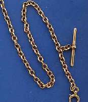 TASCHENUHRKETTE, ENGLAND UM 1908, ROSE-G. 15 KT. M. KNEBEL U. KARABINER, L. CA. 40 CM, TRAGE/NUTZSP., TROTZDEM VERWENDB., EZ 2